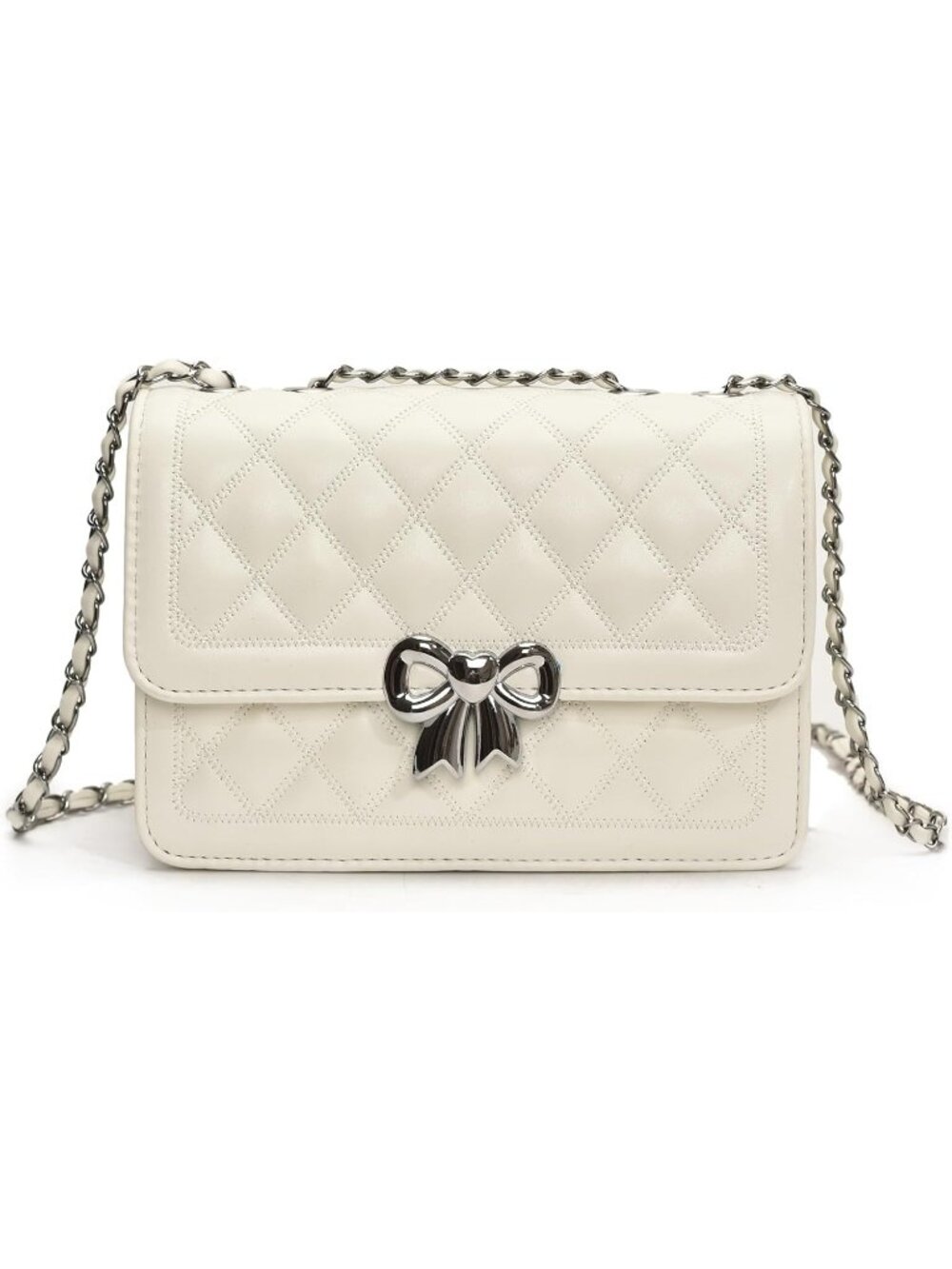 Women's White Quilted Small Pu Leather Shoulder Purse Chain Crossbody Bag